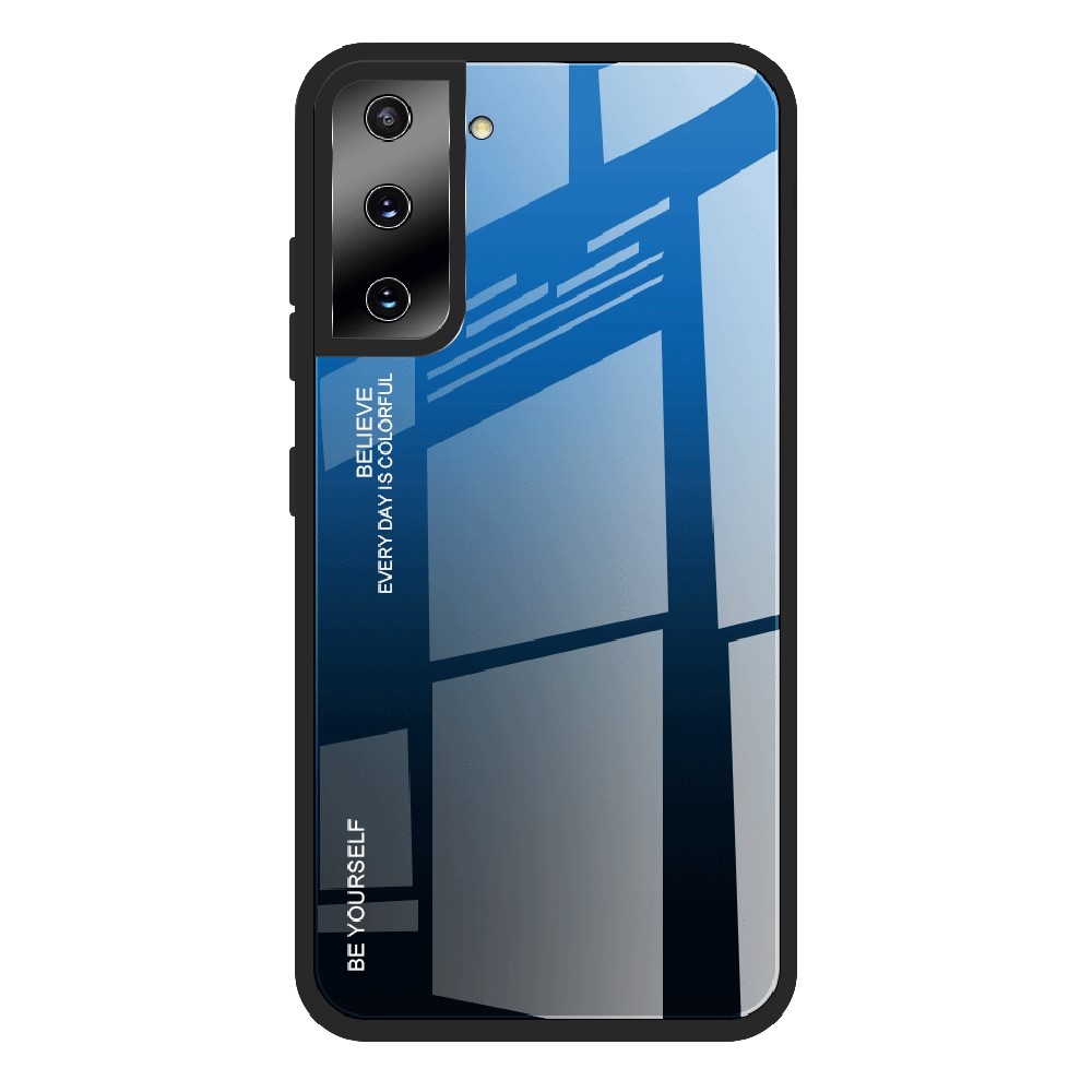 Color Gradient Design Scratch Resistant Tempered Glass Phone Back Case Protector for Samsung Galaxy S21 FE - Blue/Black-1
