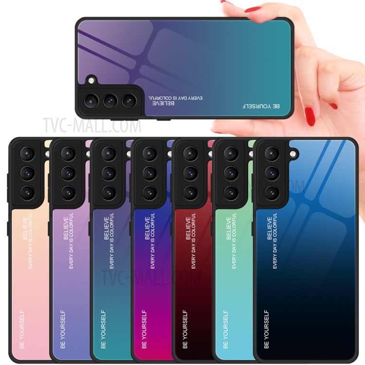 Color Gradient Design Scratch Resistant Tempered Glass Phone Back Case Protector for Samsung Galaxy S21 FE - Blue/Black-10