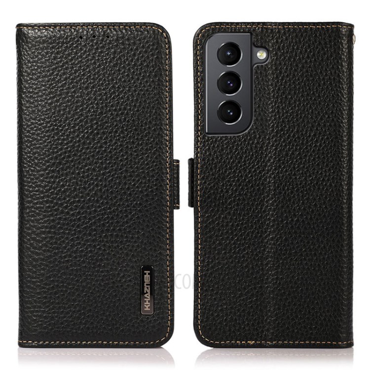 KHAZNEH Anti-theft Swiping Litchi Texture Genuine RFID Blocking Leather Well-Protected Phone Case for Samsung Galaxy S21+ 5G - Black-1