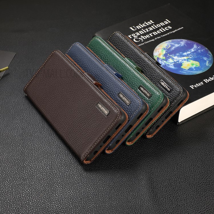 KHAZNEH Anti-theft Swiping Litchi Texture Genuine RFID Blocking Leather Well-Protected Phone Case for Samsung Galaxy S21+ 5G - Black-12