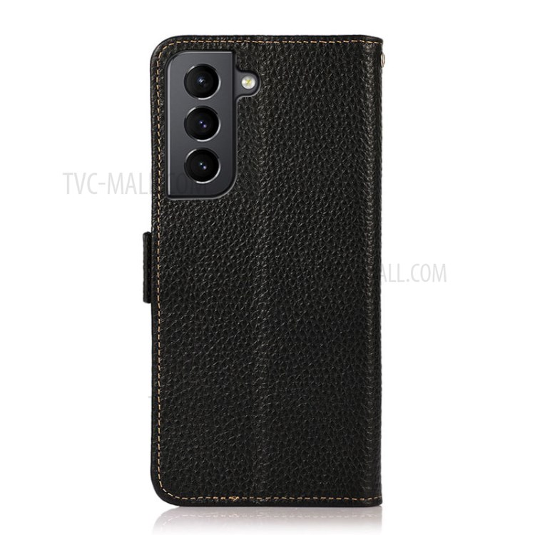 KHAZNEH Anti-theft Swiping Litchi Texture Genuine RFID Blocking Leather Well-Protected Phone Case for Samsung Galaxy S21+ 5G - Black-3