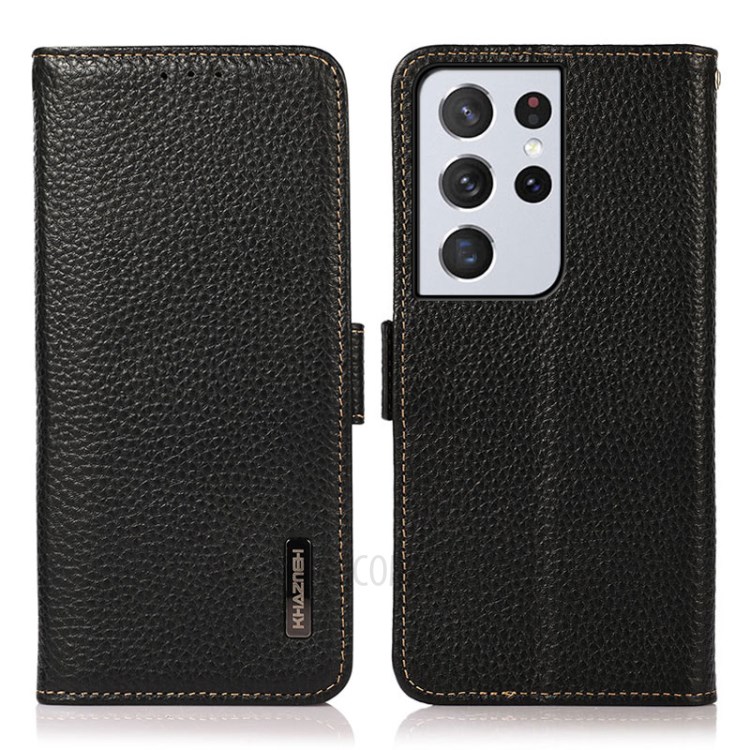 KHAZNEH Litchi Texture Genuine Leather RFID Blocking Phone Case with Anti-theft Swiping for Samsung Galaxy S21 Ultra 5G - Black-1