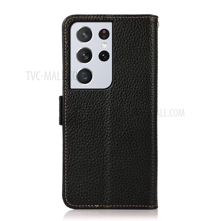 KHAZNEH Litchi Texture Genuine Leather RFID Blocking Phone Case with Anti-theft Swiping for Samsung Galaxy S21 Ultra 5G - Black-3