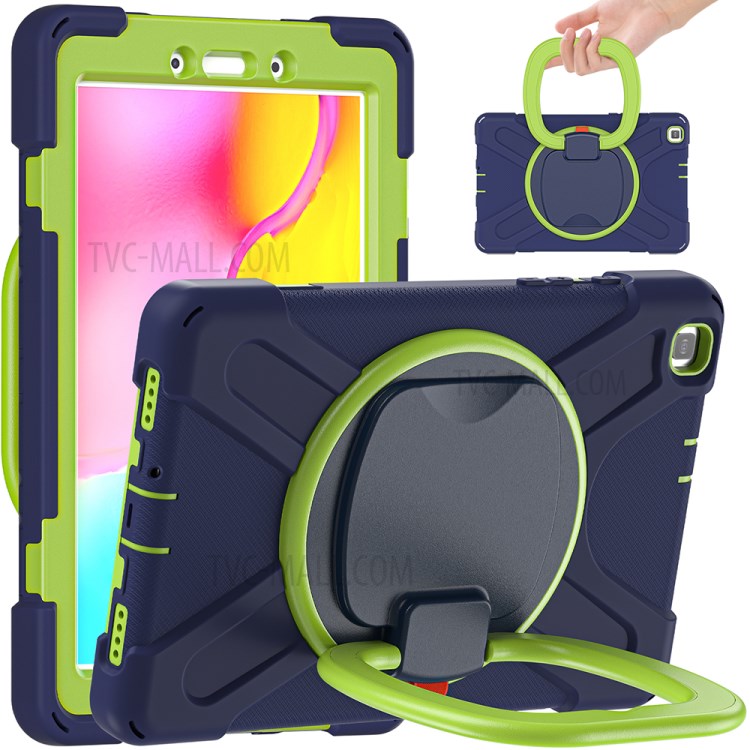360 Degree Swivel Kickstand PC + Silicone Combo Hybrid Case with Shoulder Strap for Samsung Galaxy Tab A 8.0 Wi-Fi (2019) SM-T290/T295 - Dark Blue/Green-1