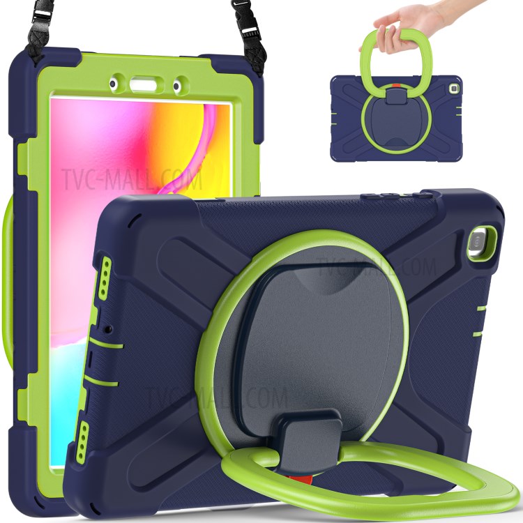 360 Degree Swivel Kickstand Design PC + Silicone Combo Tablet Cover with Shoulder Strap (B Style) for Samsung Galaxy Tab A 8.0 Wi-Fi (2019) SM-T290/T295 - Dark Blue/Green-1