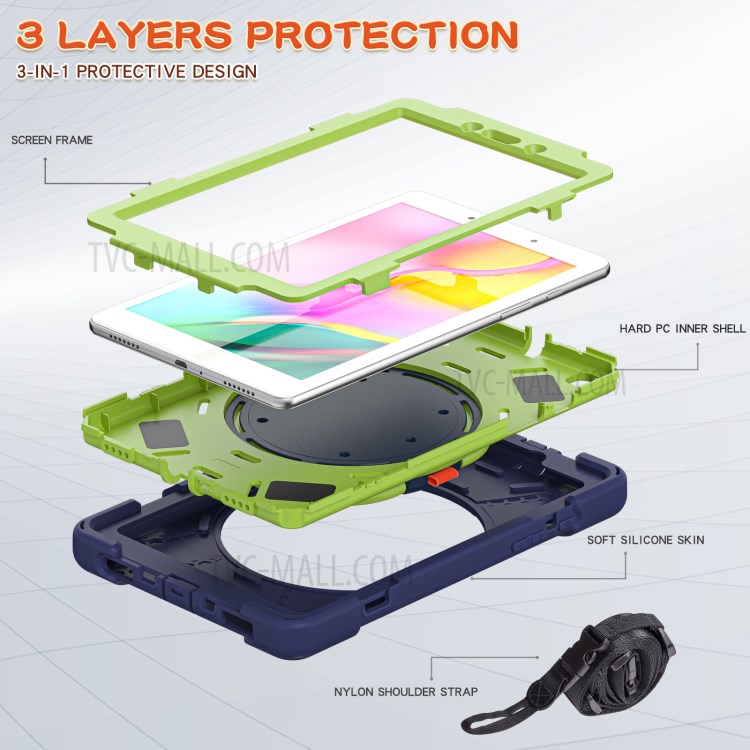 360 Degree Swivel Kickstand Design PC + Silicone Combo Tablet Cover with Shoulder Strap (B Style) for Samsung Galaxy Tab A 8.0 Wi-Fi (2019) SM-T290/T295 - Dark Blue/Green-2