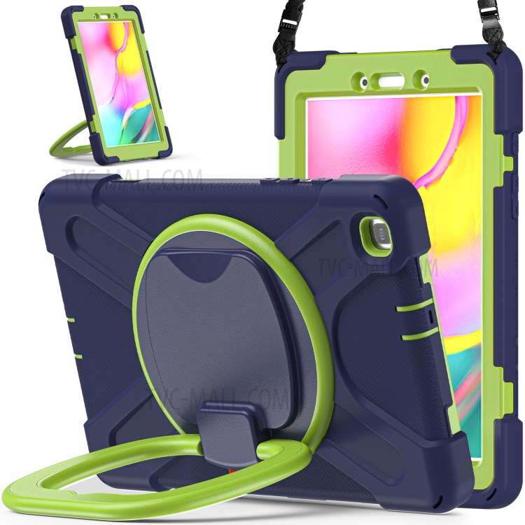 360 Degree Swivel Kickstand Design PC + Silicone Combo Tablet Cover with Shoulder Strap (B Style) for Samsung Galaxy Tab A 8.0 Wi-Fi (2019) SM-T290/T295 - Dark Blue/Green-3