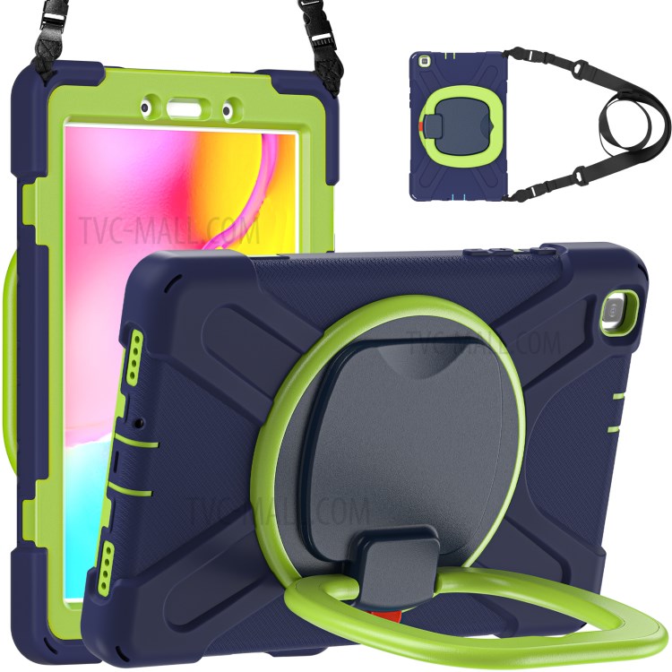 360 Degree Swivel Kickstand Design PC + Silicone Combo Tablet Cover with Shoulder Strap (B Style) for Samsung Galaxy Tab A 8.0 Wi-Fi (2019) SM-T290/T295 - Dark Blue/Green-4
