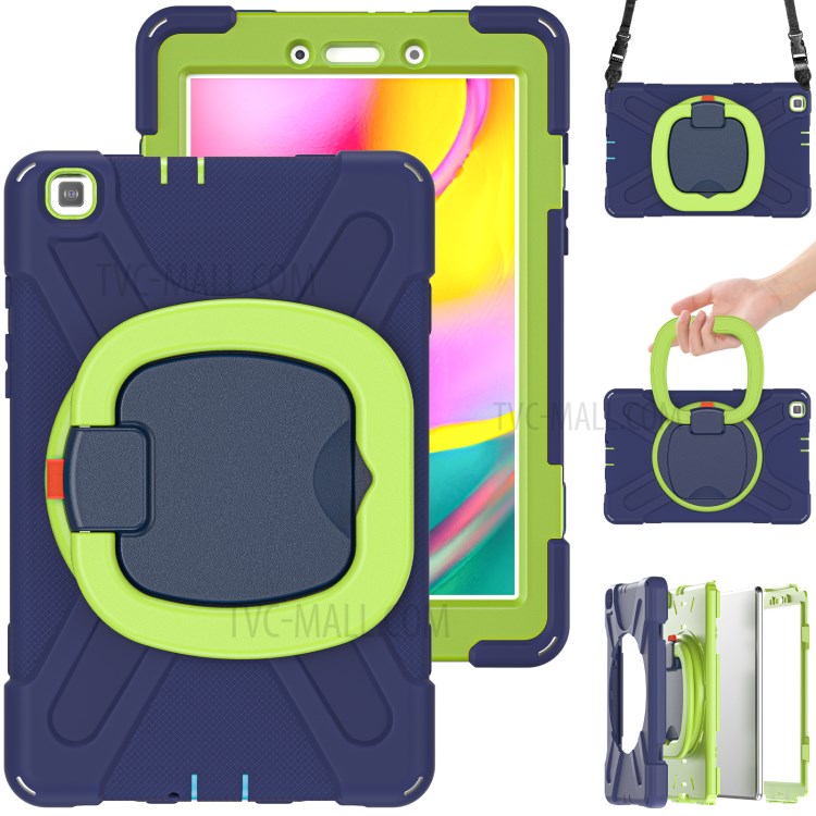 360 Degree Swivel Kickstand Design PC + Silicone Combo Tablet Cover with Shoulder Strap (B Style) for Samsung Galaxy Tab A 8.0 Wi-Fi (2019) SM-T290/T295 - Dark Blue/Green-5