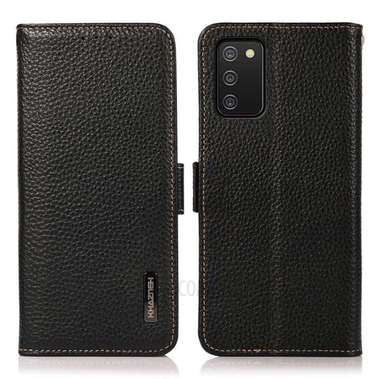 KHAZNEH Anti-theft Swiping RFID Blocking Litchi Texture Genuine Leather Full-Protection Phone Case for Samsung Galaxy A02s (164.2x75.9x9.1mm) - Black-1
