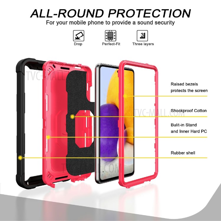 Built-in Kickstand Design Shockproof Hybrid Phone Case for Samsung Galaxy A72 4G/5G - Black/Rose Red-2