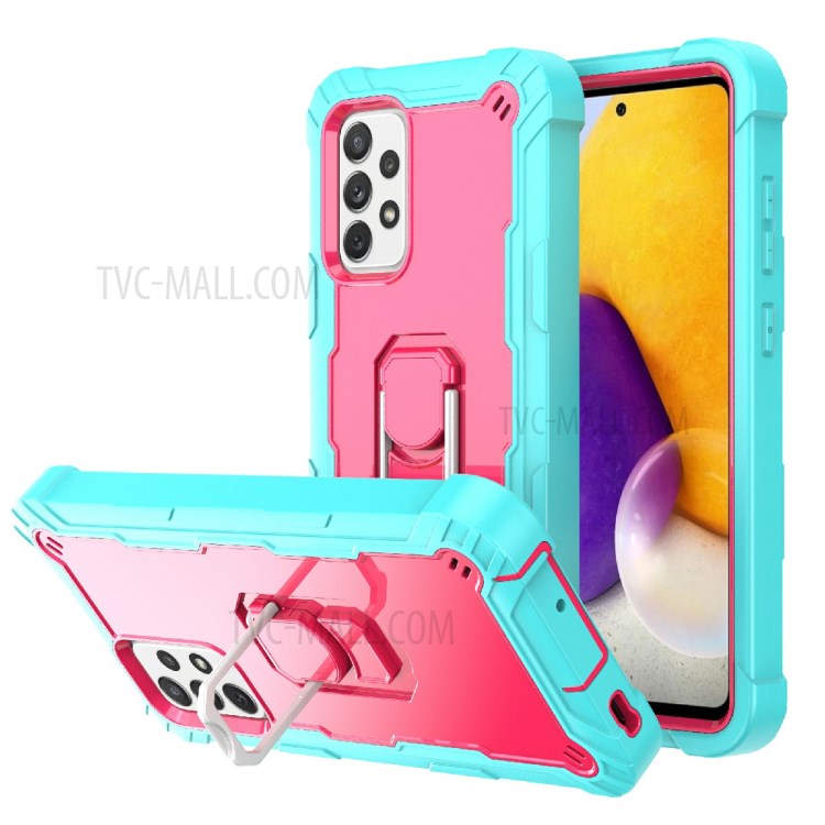Built-in Kickstand Design Shockproof Hybrid Phone Case for Samsung Galaxy A72 4G/5G - Aqua/Rose Red-1