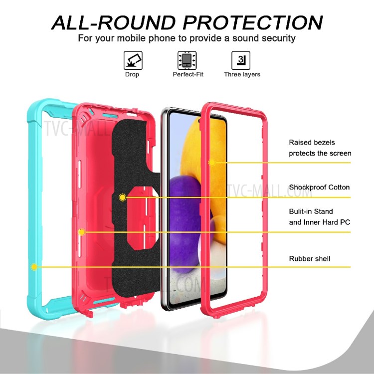 Built-in Kickstand Design Shockproof Hybrid Phone Case for Samsung Galaxy A72 4G/5G - Aqua/Rose Red-2