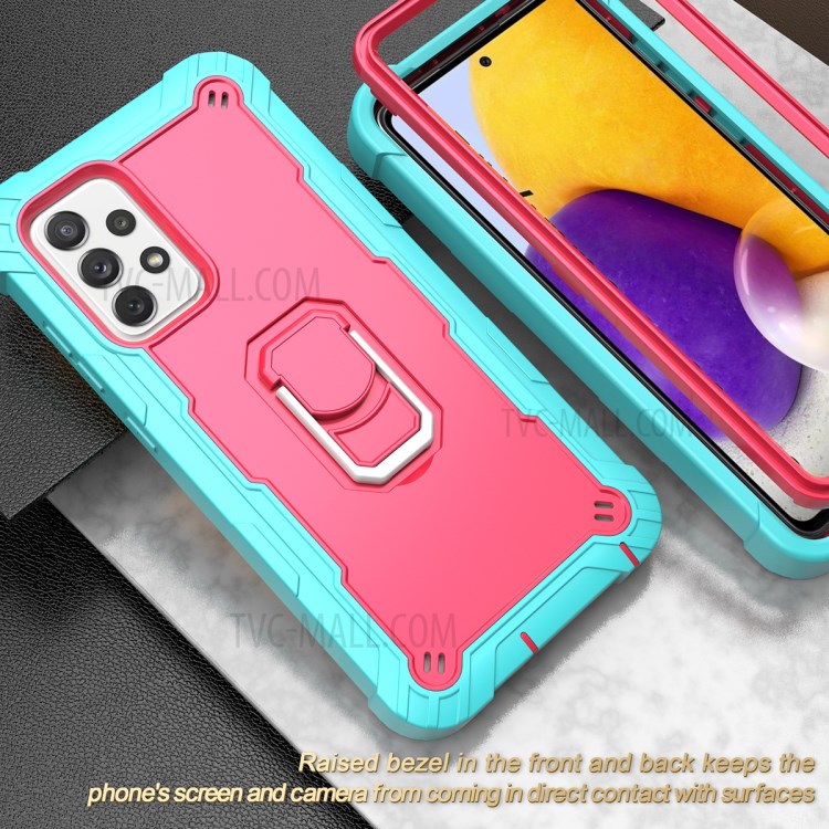 Built-in Kickstand Design Shockproof Hybrid Phone Case for Samsung Galaxy A72 4G/5G - Aqua/Rose Red-6