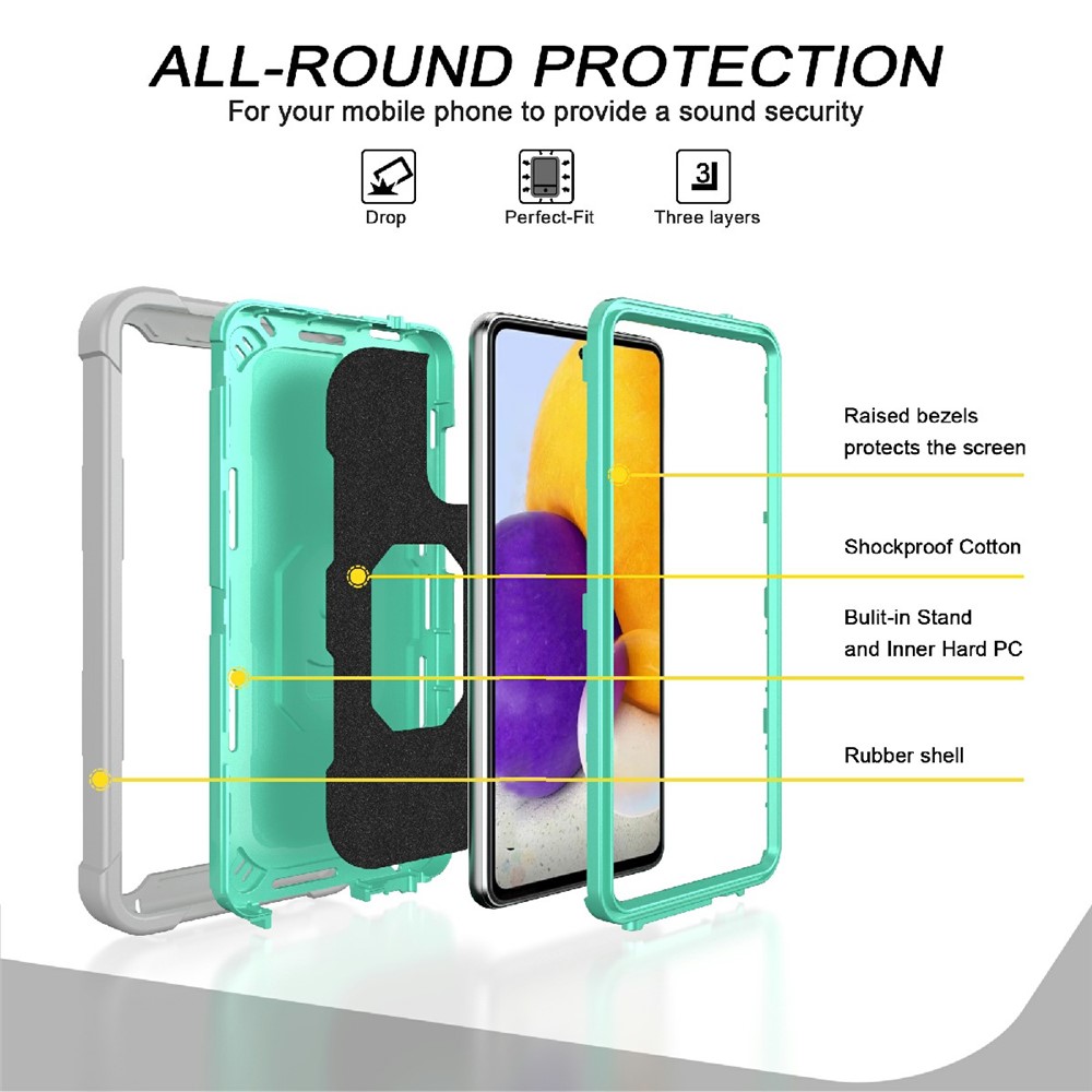 Built-in Kickstand Design Shockproof Hybrid Phone Case for Samsung Galaxy A72 4G/5G - Grey/Aqua-2