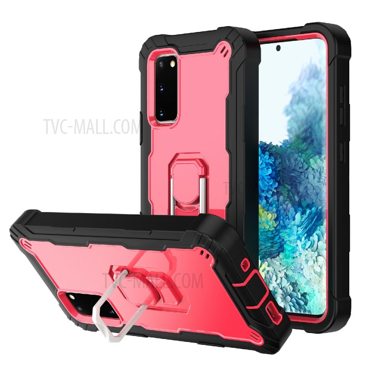 Shockproof PC + Silicone Phone Case with Built-in Kickstand Design for Samsung Galaxy S20 FE/S20 Fan Edition/S20 FE 5G/S20 Fan Edition 5G - Black/Rose Red-1