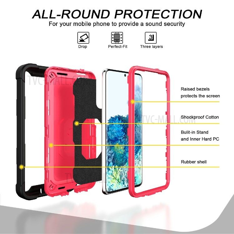 Shockproof PC + Silicone Phone Case with Built-in Kickstand Design for Samsung Galaxy S20 FE/S20 Fan Edition/S20 FE 5G/S20 Fan Edition 5G - Black/Rose Red-2