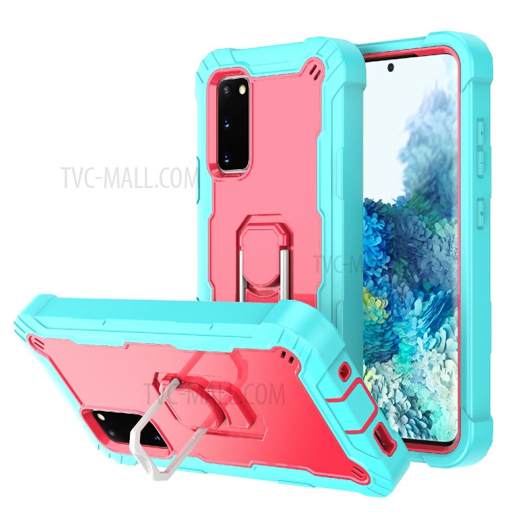 Shockproof PC + Silicone Phone Case with Built-in Kickstand Design for Samsung Galaxy S20 FE/S20 Fan Edition/S20 FE 5G/S20 Fan Edition 5G - Aqua/Rose Red-1