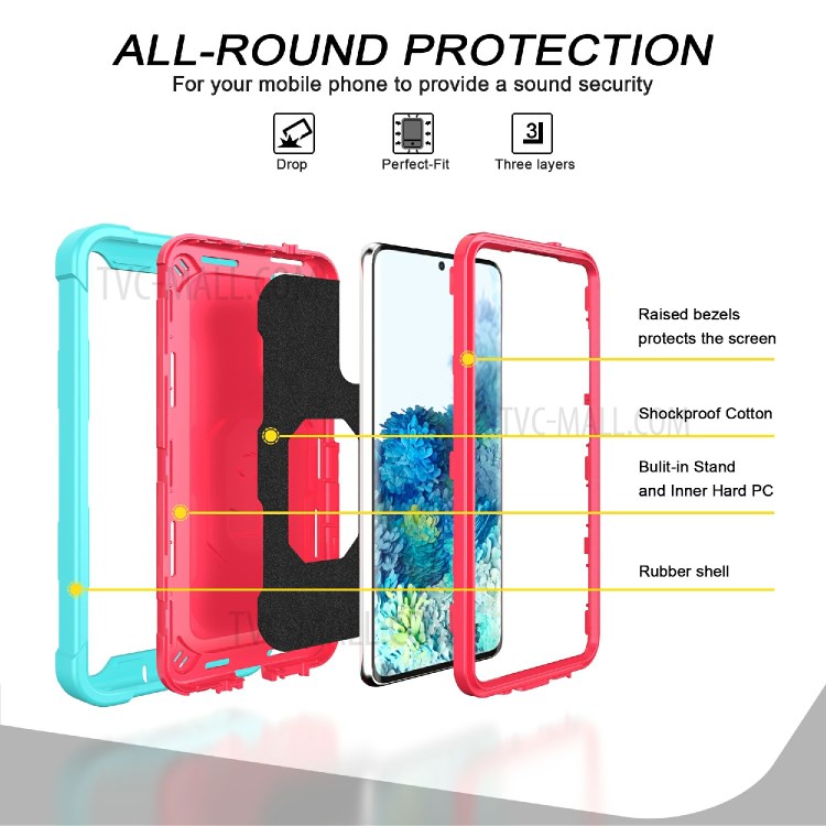 Shockproof PC + Silicone Phone Case with Built-in Kickstand Design for Samsung Galaxy S20 FE/S20 Fan Edition/S20 FE 5G/S20 Fan Edition 5G - Aqua/Rose Red-2