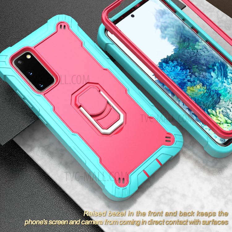 Shockproof PC + Silicone Phone Case with Built-in Kickstand Design for Samsung Galaxy S20 FE/S20 Fan Edition/S20 FE 5G/S20 Fan Edition 5G - Aqua/Rose Red-5