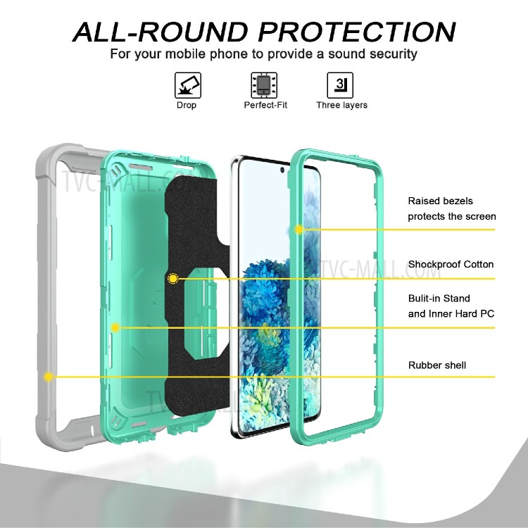 Shockproof PC + Silicone Phone Case with Built-in Kickstand Design for Samsung Galaxy S20 FE/S20 Fan Edition/S20 FE 5G/S20 Fan Edition 5G - Grey/Aqua-2