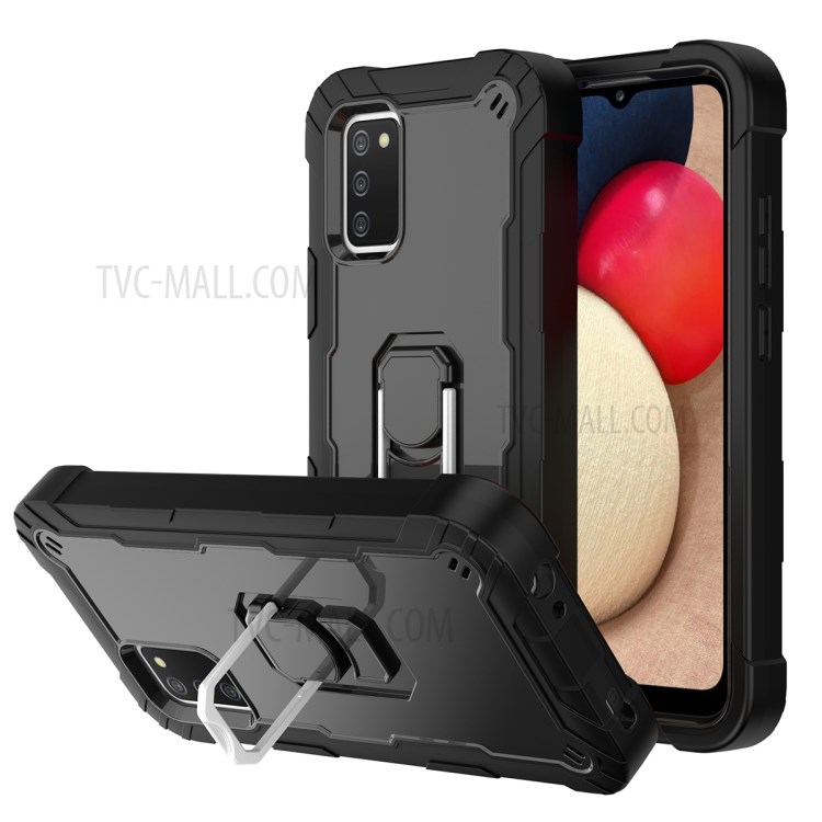 Built-in Kickstand Design Shockproof PC + Silicone Phone Case for Samsung Galaxy A02s (164.2x75.9x9.1mm) - Black/Black-1