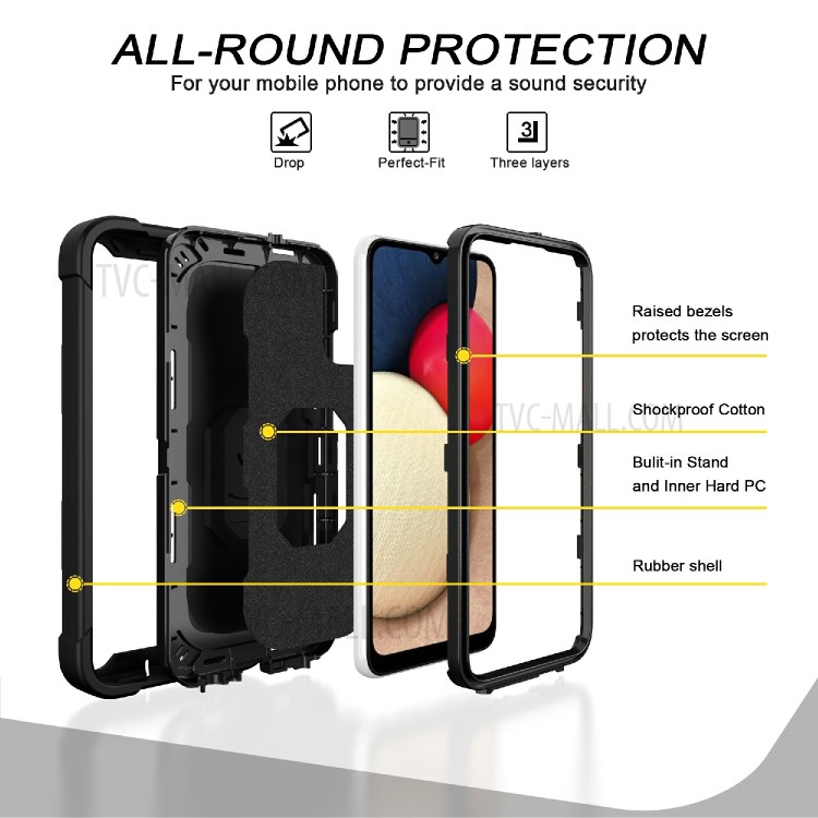 Built-in Kickstand Design Shockproof PC + Silicone Phone Case for Samsung Galaxy A02s (164.2x75.9x9.1mm) - Black/Black-2