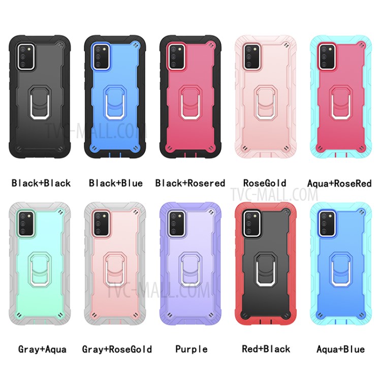 Built-in Kickstand Design Shockproof PC + Silicone Phone Case for Samsung Galaxy A02s (164.2x75.9x9.1mm) - Black/Black-7