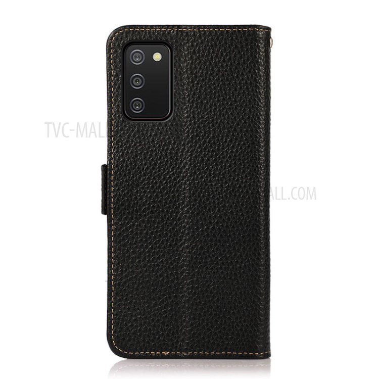 KHAZNEH Anti-theft Swiping Litchi Texture Genuine Leather Well-Protected RFID Blocking Phone Case for Samsung Galaxy A02s (166.5x75.9x9.2mm) - Black-3