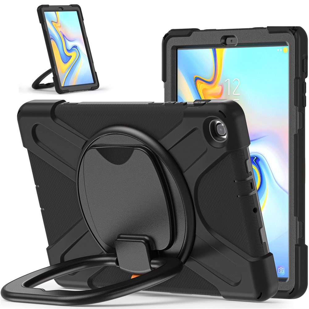 PC + Silicone 360 Degree Swivel Kickstand Case with Shoulder Strap for Samsung Galaxy Tab A 10.1 (2019) SM-T510 (Wi-Fi)/SM-T515 (LTE) - Black/Black-1