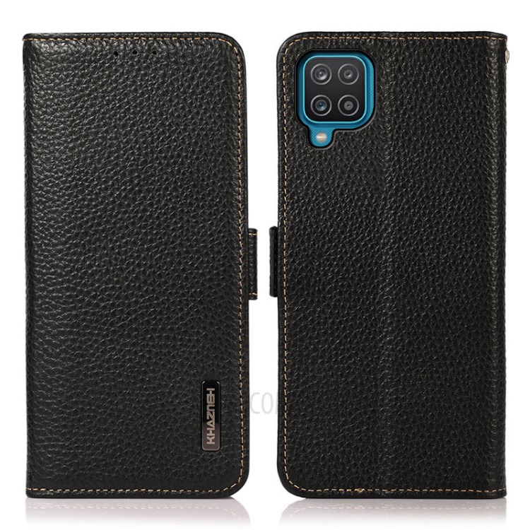 KHAZNEH Litchi Skin Genuine Leather Phone Wallet Stand Case Shell with RFID Blocking for Samsung Galaxy A12 - Black-1