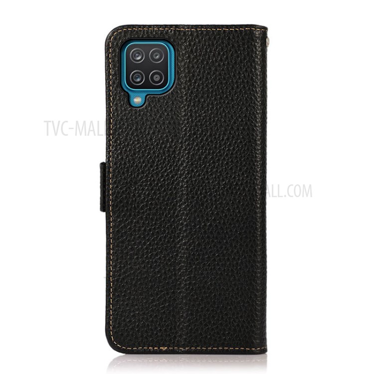 KHAZNEH Litchi Skin Genuine Leather Phone Wallet Stand Case Shell with RFID Blocking for Samsung Galaxy A12 - Black-5
