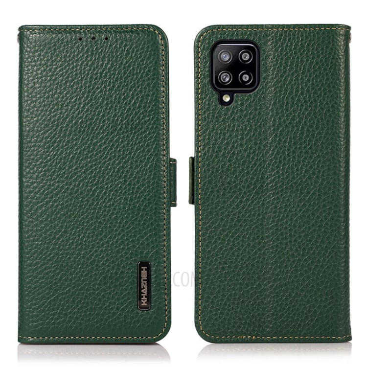 KHAZNEH Anti-theft Swiping RFID Blocking Wallet Stand Design Litchi Skin Leather Phone Case Cover for Samsung Galaxy A22 4G (EU Version) - Green-1