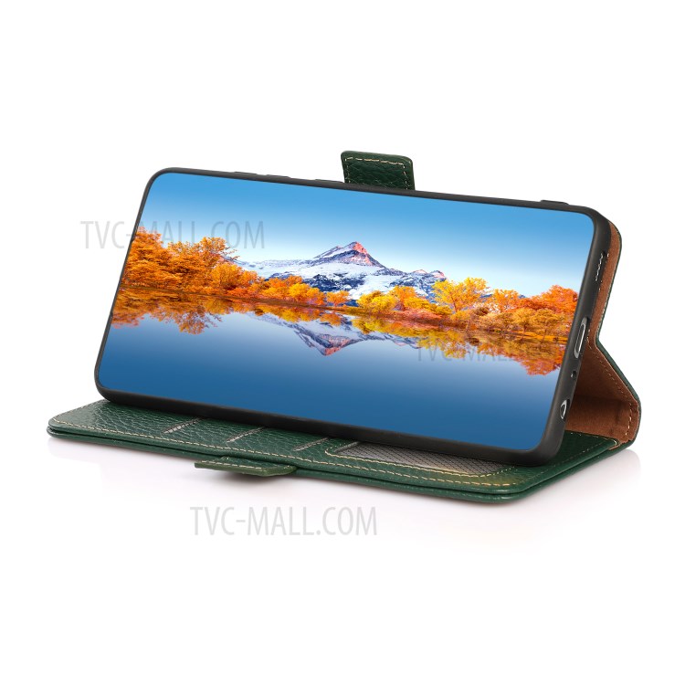 KHAZNEH Anti-theft Swiping RFID Blocking Wallet Stand Design Litchi Skin Leather Phone Case Cover for Samsung Galaxy A22 4G (EU Version) - Green-2