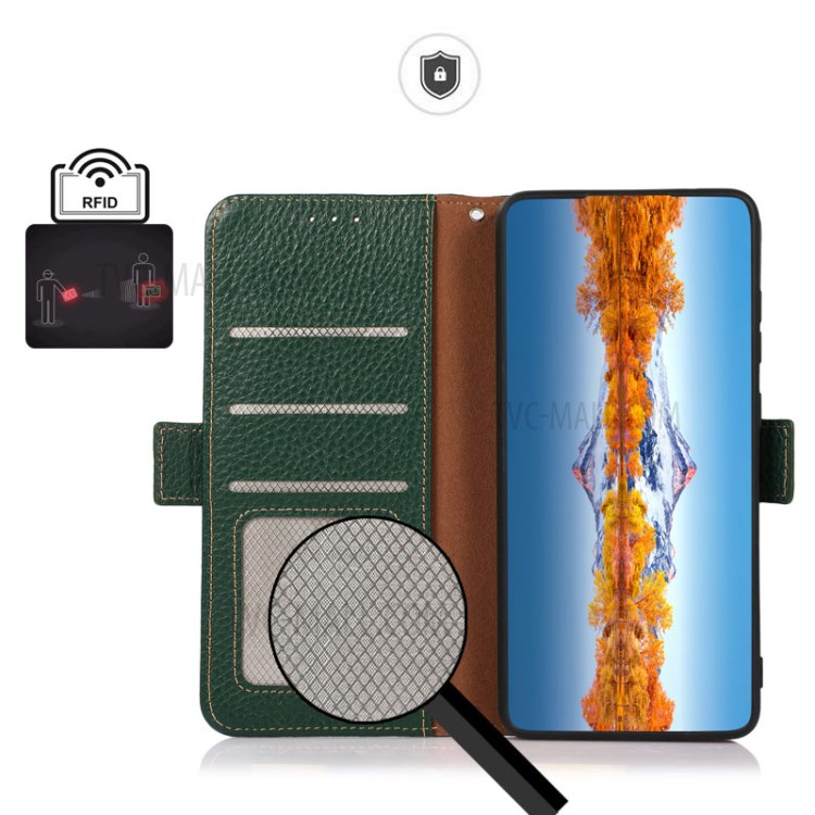 KHAZNEH Anti-theft Swiping RFID Blocking Wallet Stand Design Litchi Skin Leather Phone Case Cover for Samsung Galaxy A22 4G (EU Version) - Green-7