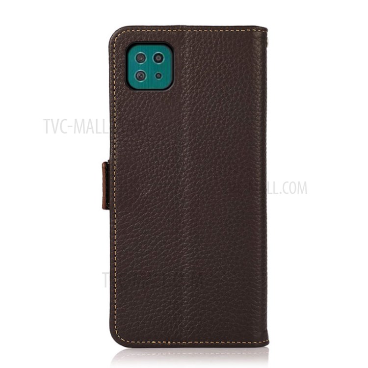 KHAZNEH RFID Blocking Design Litchi Texture Leather Protective Case Stand for Samsung Galaxy A22 5G (EU Version) - Brown-4