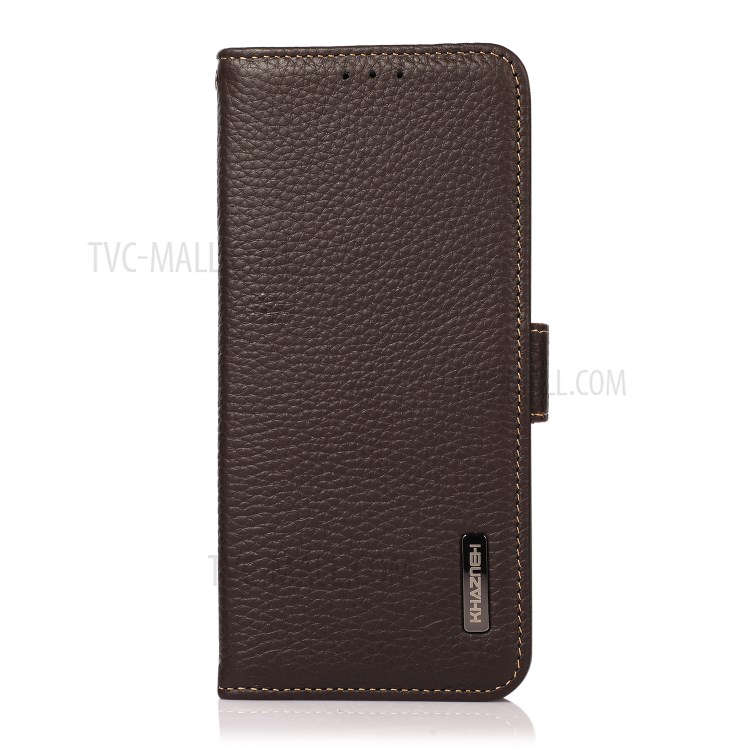 KHAZNEH RFID Blocking Design Litchi Texture Leather Protective Case Stand for Samsung Galaxy A22 5G (EU Version) - Brown-5