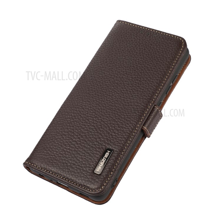 KHAZNEH RFID Blocking Design Litchi Texture Leather Protective Case Stand for Samsung Galaxy A22 5G (EU Version) - Brown-6