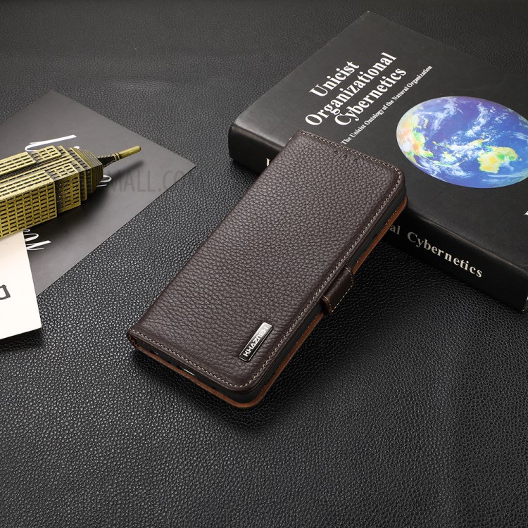 KHAZNEH RFID Blocking Design Litchi Texture Leather Protective Case Stand for Samsung Galaxy A22 5G (EU Version) - Brown-7