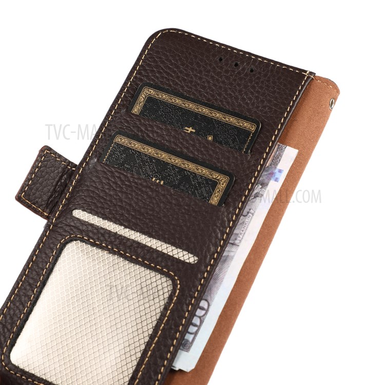 KHAZNEH RFID Blocking Design Litchi Texture Leather Protective Case Stand for Samsung Galaxy A22 5G (EU Version) - Brown-9