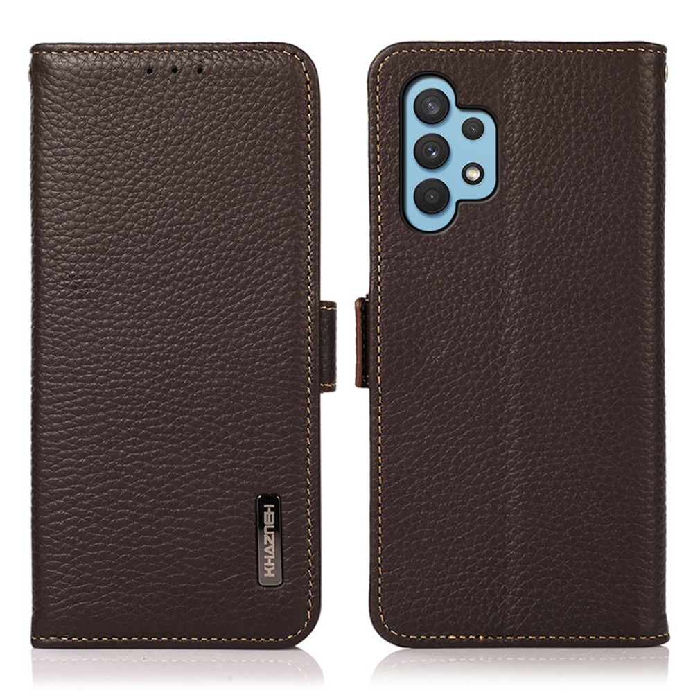 KHAZNEH Litchi Texture RFID Blocking Shockproof Leather Case Wallet Stand Cover for Samsung Galaxy A32 4G (EU Version) - Brown-1