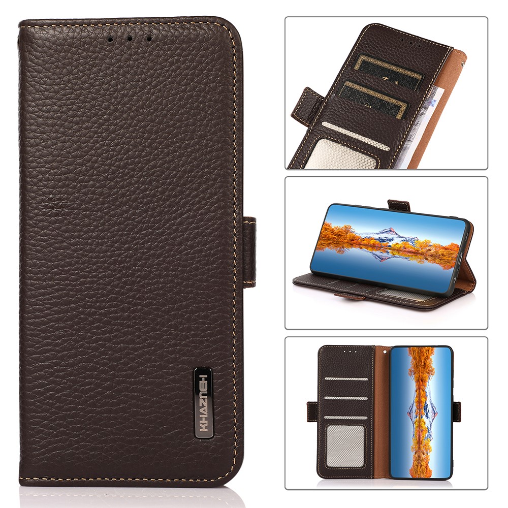 KHAZNEH Litchi Texture RFID Blocking Shockproof Leather Case Wallet Stand Cover for Samsung Galaxy A32 4G (EU Version) - Brown-10