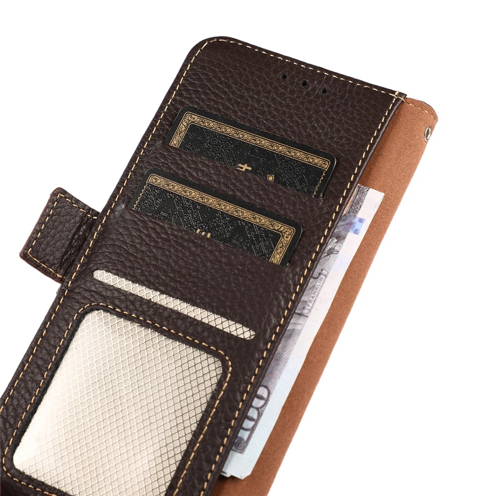 KHAZNEH Litchi Texture RFID Blocking Shockproof Leather Case Wallet Stand Cover for Samsung Galaxy A32 4G (EU Version) - Brown-9