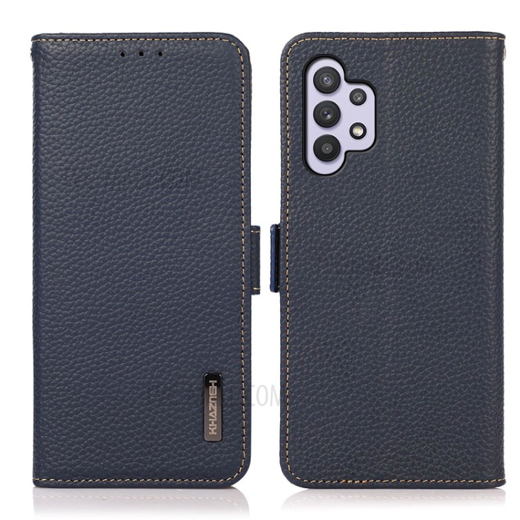KHAZNEH Litchi Skin RFID Blocking Genuine Leather Cellphone Protective Stand Case for Samsung Galaxy A32 5G - Blue-1