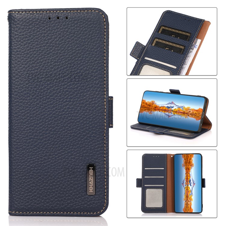 KHAZNEH Litchi Skin RFID Blocking Genuine Leather Cellphone Protective Stand Case for Samsung Galaxy A32 5G - Blue-10