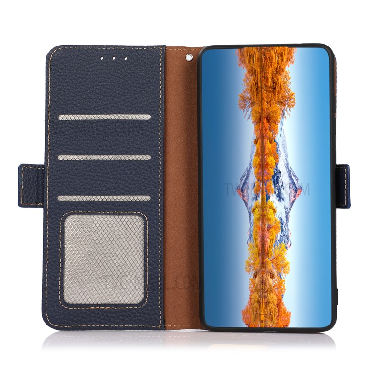 KHAZNEH Litchi Skin RFID Blocking Genuine Leather Cellphone Protective Stand Case for Samsung Galaxy A32 5G - Blue-3