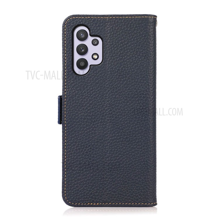 KHAZNEH Litchi Skin RFID Blocking Genuine Leather Cellphone Protective Stand Case for Samsung Galaxy A32 5G - Blue-4