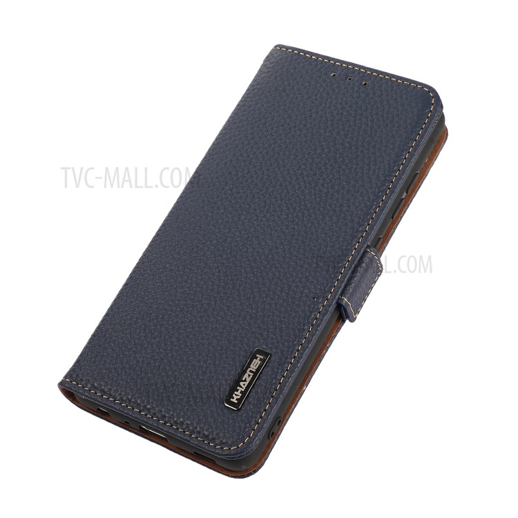 KHAZNEH Litchi Skin RFID Blocking Genuine Leather Cellphone Protective Stand Case for Samsung Galaxy A32 5G - Blue-6