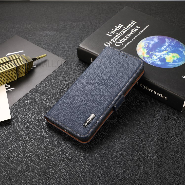 KHAZNEH Litchi Skin RFID Blocking Genuine Leather Cellphone Protective Stand Case for Samsung Galaxy A32 5G - Blue-7