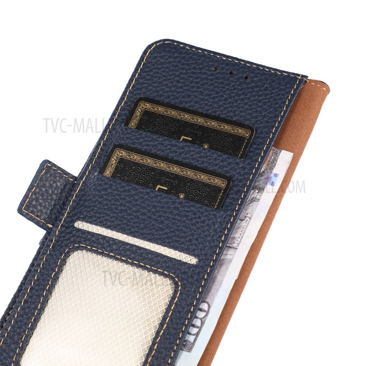 KHAZNEH Litchi Skin RFID Blocking Genuine Leather Cellphone Protective Stand Case for Samsung Galaxy A32 5G - Blue-9